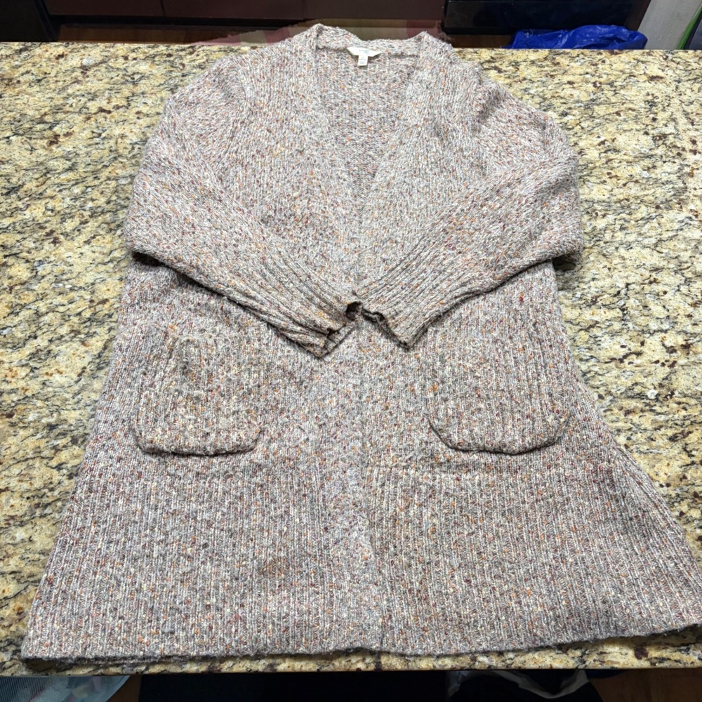 Terra & Sky Womens 2X Marled Knit Open Front Cardigan Sweater Grey Multi Pockets